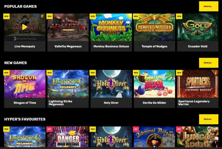 Hyper Casino Games Selection Screenshot