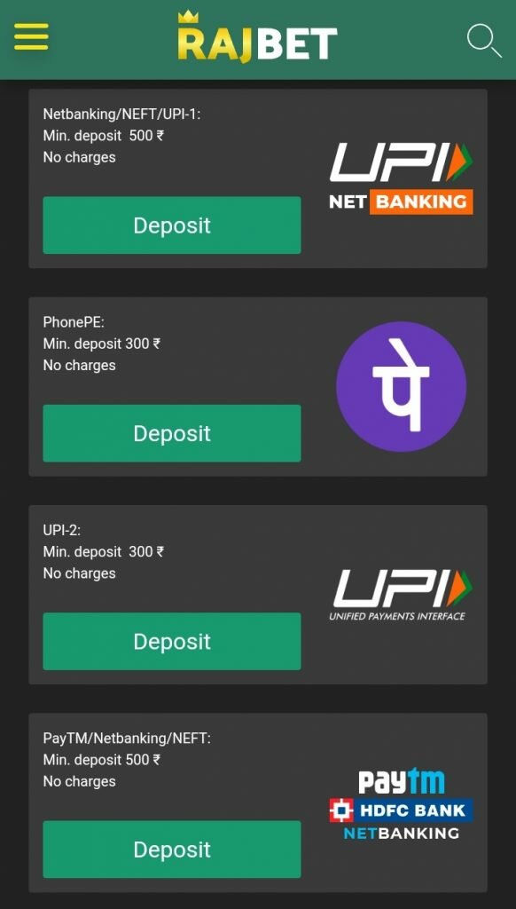 Rajbet Deposit Methods